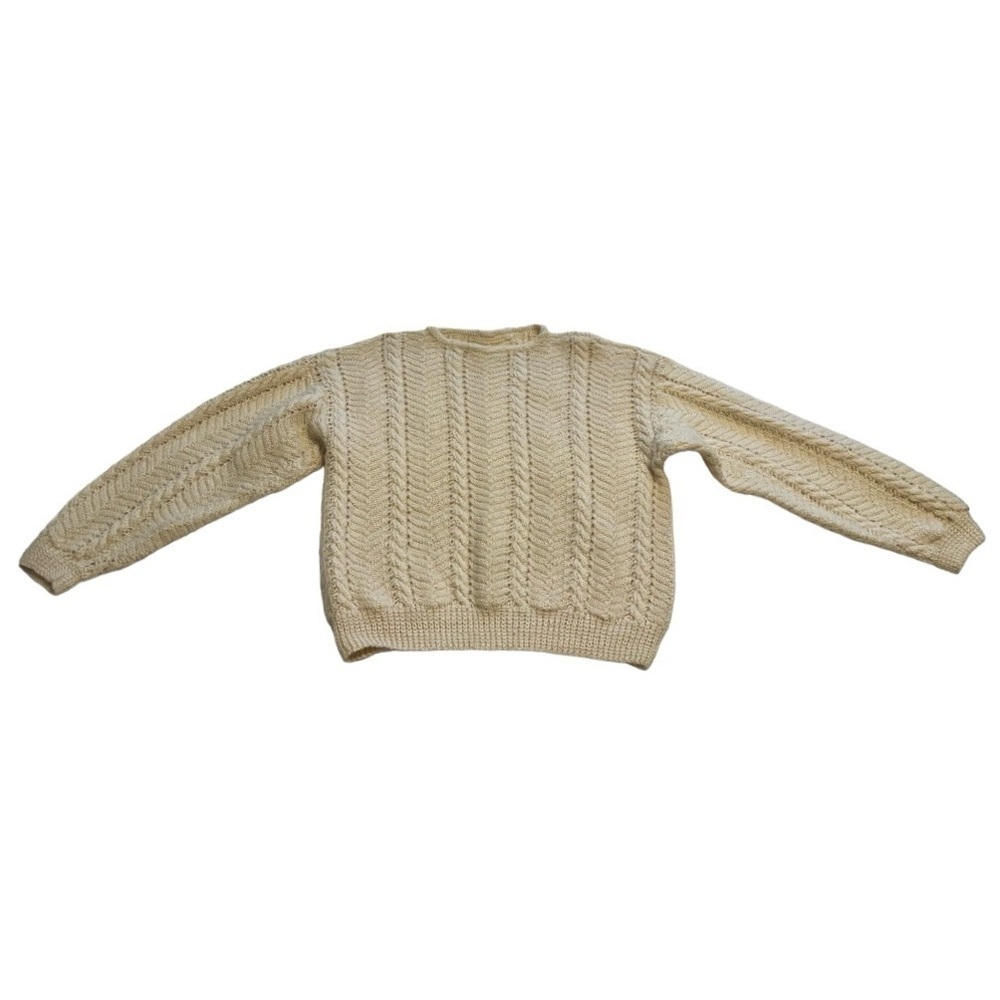 Handmade Vintage Cream Herringbone Cable Knit Fisherman Sweater Chunky Crewneck